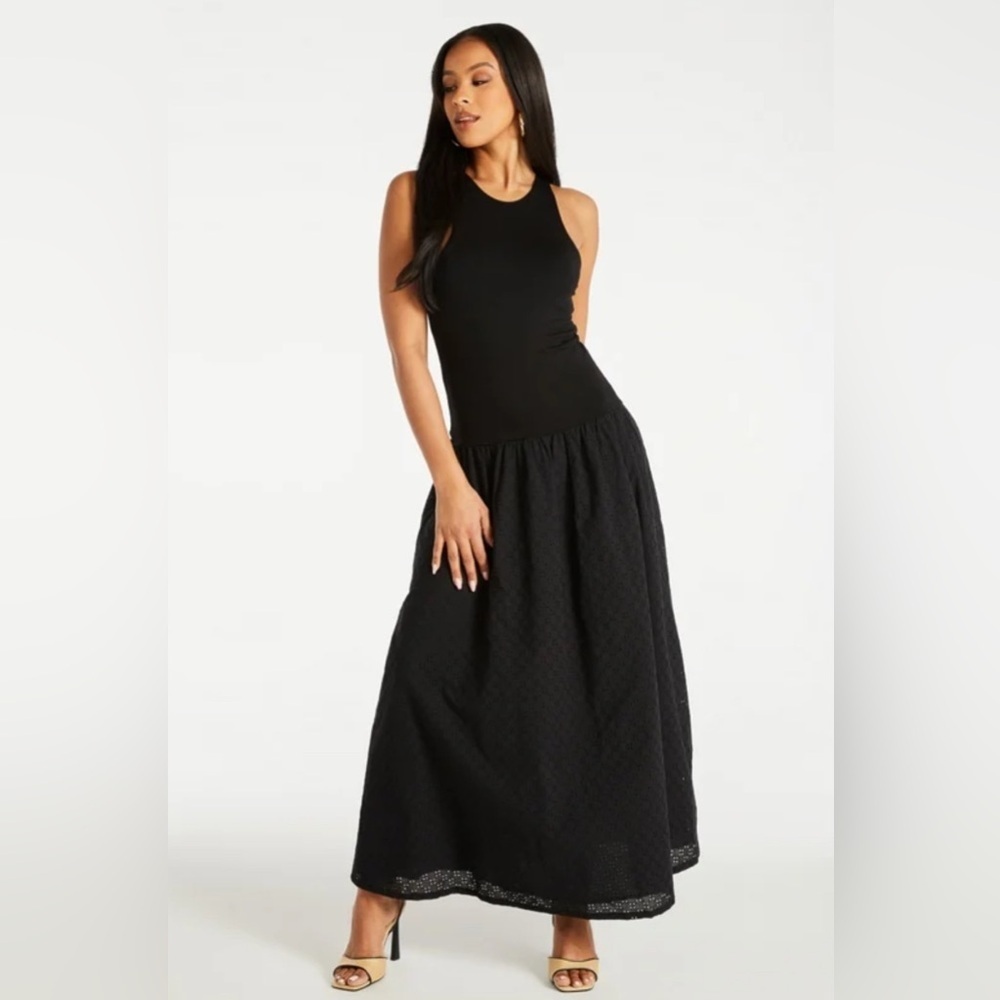 NWT, JustFab, Halter Eyelet Maxi Dress, Color Black Caviar, Size Medium